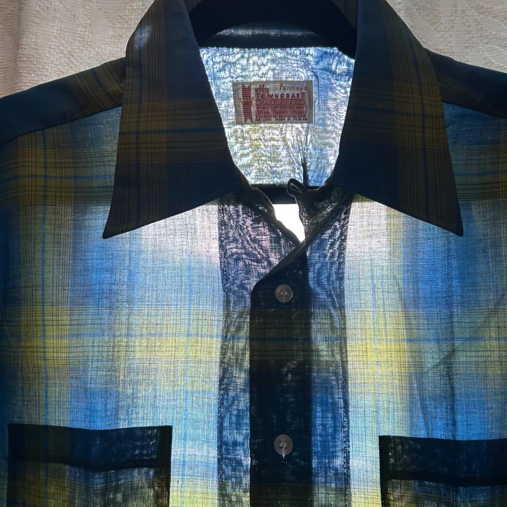 VTG 60s Penneys Towncraft Button Down Mens M Blue Plaid Loop Collar Short Sleeve